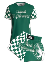 Sabai Fightwear Crocodile Checkmate full set with patterned rash guard and fight shorts, designed for martial arts training.