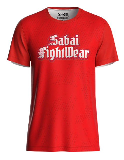 Red Flaming Oni top by Sabai Fightwear featuring bold fiery demon design, lightweight martial arts training apparel.