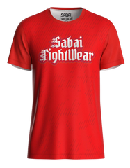 Red Flaming Oni top by Sabai Fightwear featuring bold fiery demon design, lightweight martial arts training apparel.