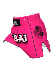 Pink Predator Thai Shorts by Sabai Fightwear featuring vibrant pink fabric and traditional martial arts design.
