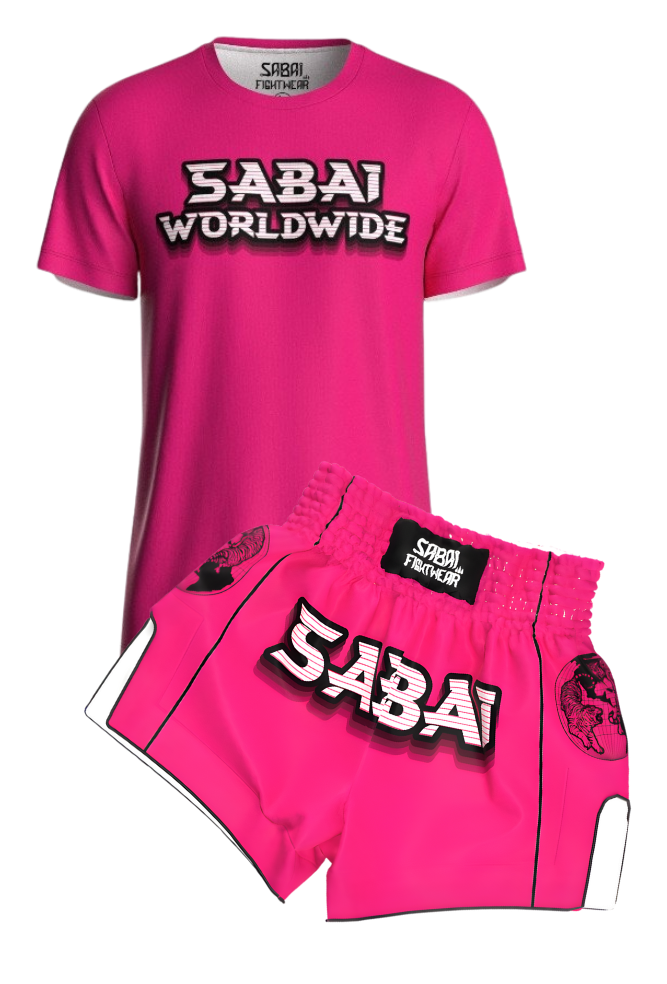 Pink Predator full set by Sabai Fightwear featuring a matching sports bra and shorts with bold design, perfect for training.