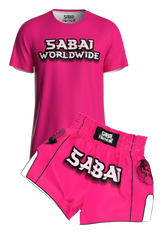Pink Predator full set by Sabai Fightwear featuring a matching sports bra and shorts with bold design, perfect for training.
