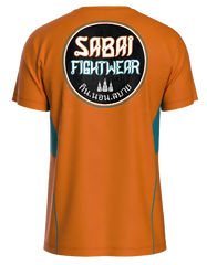 Orange Yaksha Protector top by Sabai Fightwear featuring vibrant orange fabric and traditional Yaksha design for martial arts.
