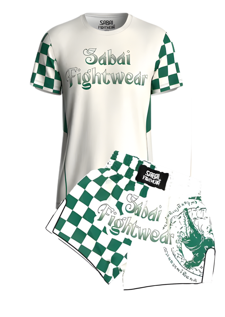 Sabai Fightwear Crocodile Checkmate full set of martial arts training gear with detailed crocodile checkered pattern.