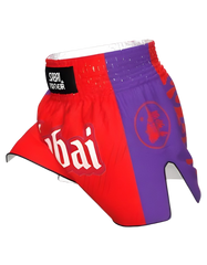 Red embroidered flaming oni design Thai shorts by Sabai Fightwear, featuring intricate embroidery and traditional Thai-inspired style.