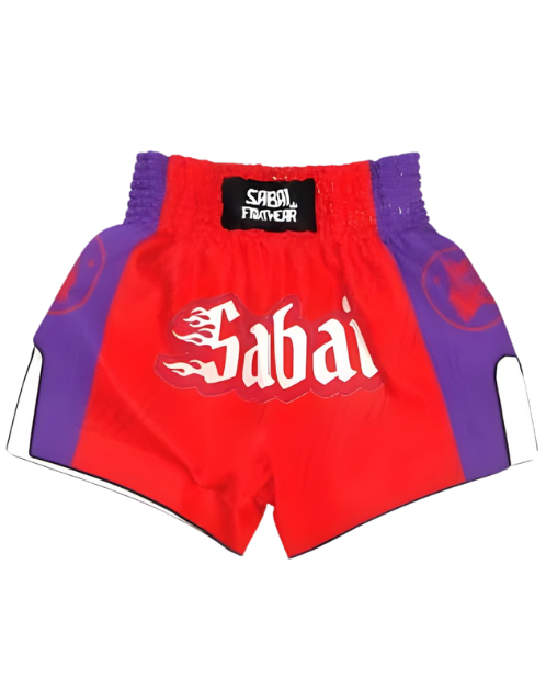 Red embroidered flaming Oni Thai shorts by Sabai Fightwear with intricate flame and Oni designs, showcasing traditional martial arts apparel.