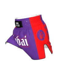Embroidered purple flaming Oni Thai shorts by Sabai Fightwear with intricate embroidery and traditional Thai design elements.