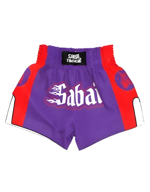 Embroidered purple flaming Oni Thai shorts by Sabai Fightwear featuring vibrant flame and Oni-inspired embroidery design.