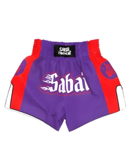 Embroidered purple flaming Oni Thai shorts by Sabai Fightwear featuring vibrant flame and Oni-inspired embroidery design.