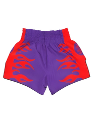 Purple embroidered Flaming Oni Thai shorts by Sabai Fightwear, featuring intricate dragon and flame patterns on lightweight fabric.
