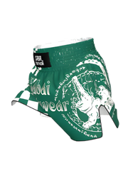 Green Crocodile Checkmate Thai Shorts by Sabai Fightwear with bold tropical print and comfortable fit for martial arts or casual wear.